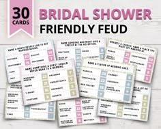 the printable bridal shower game is on display in front of a wooden background