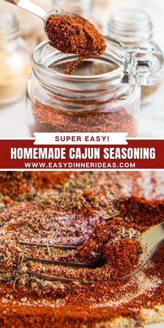 homemade cajun seasoning in a glass jar with a spoon and text overlay that reads super easy homemade cajun seasoning