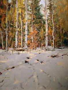 an oil painting of trees in the snow