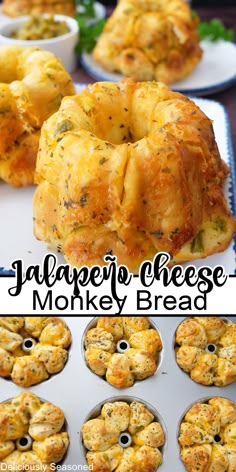 A double collage photo of mini jalapeno cheese monkey breads. Jalapeno Monkey Bread, Jalapeño Cheddar Biscuits, Monkey Bread Mini, Biscuits With Butter, Cheese Monkey Bread, Jalapeno Cheddar Biscuits, Monkey Breads, Grands Biscuits, Bundt Pan Recipes