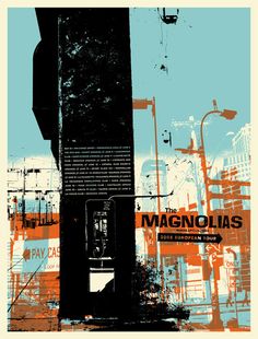 a poster with the words magnanolias in blue, orange and black on it