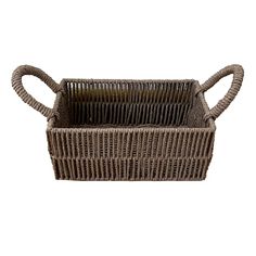 a brown wicker basket with handles