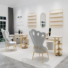 a living room with white walls and gold accents on the tables, chairs and sofas