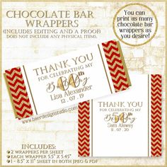 two red and white candy bar wrappers with the words chocolate bar wraps on them