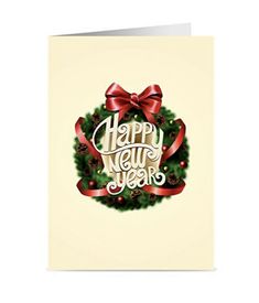 a happy new year greeting card with a wreath and red ribbon on the front,