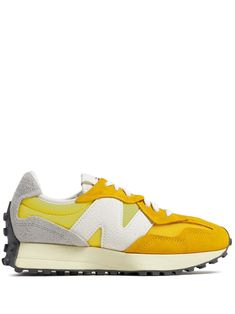 mustard yellow calf suede micro-mesh panels logo patch at the tongue logo-embellished side panels contrasting heel counter front lace-up fastening round toe branded insole ridged rubber sole Yellow Sneakers With Contrast Sole, Trendy Yellow Color Block Sneakers, Mustard Low-top Sneakers For Sports, Yellow New Balance Lace-up Sneakers, New Balance Yellow Sports Sneakers, Yellow Sneakers, New Balance 327, Balenciaga Track, Balenciaga Triple S