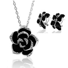 Enamel Flower Jewelry Set Rose Gold Black for Women Wedding Jewelry Black Rose Jewelry, Creepy Wedding, Brooch Diamond, Aesthetic Dogs, Unicorn Mug, Anti Snoring, Dog Aesthetic, Crystal Jewelry Sets, Silver Jewellery Sets