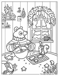 a coloring page with a bear playing the guitar in front of a christmas tree and presents