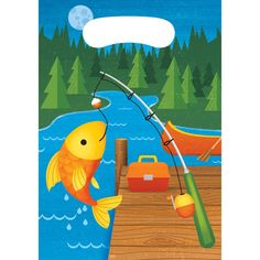 a fish is hooked up to a fishing rod on a dock with a boat in the background