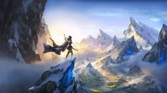 a woman standing on top of a snow covered mountain next to a giant dragon in the sky