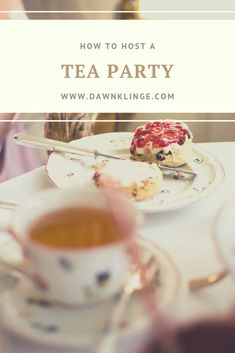 a woman sitting at a table with tea and pastry on it, in front of the words how to host a tea party