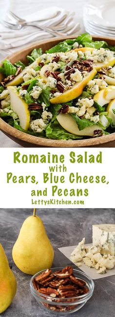 a salad with pears, blue cheese and pecans is shown in this collage