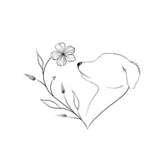 a black and white drawing of a dog smelling a flower