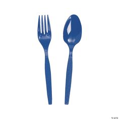 two blue plastic forks and spoons on a white background