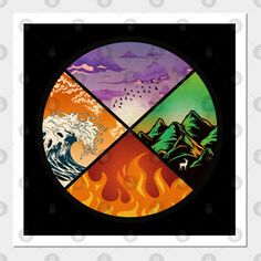 the four elements of an art work with mountains and waves on them, in different colors