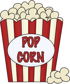 a red and white striped popcorn bag with the word pop corn on it's side