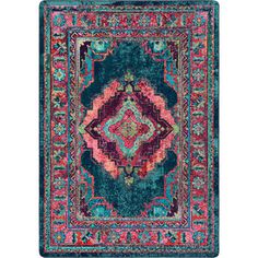 a blue rug with an ornate design on the front and back side, in various colors