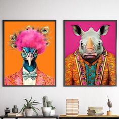 two paintings of animals with different colored feathers on their heads, one in an orange jacket and the other in a pink hat