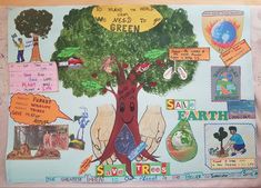 a bulletin board with pictures and words on it that include trees, people, animals, plants, and other things