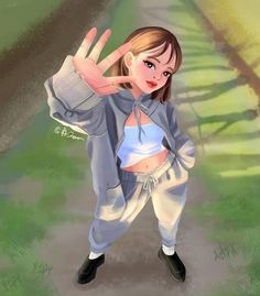 a digital painting of a girl making the peace sign with her hand while standing on a dirt road