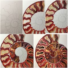 three pictures of different shapes and sizes of shells on white paper with red, orange, yellow and black designs