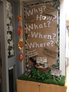 a bulletin board with words written on it in front of a wooden cabinet filled with plants