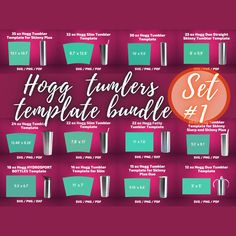 the hogg tumblers template bundle is shown on a purple background with green and blue colors