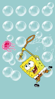 an image of spongebob with bubbles floating in the air and holding a fishing rod