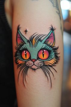 Discover the purr-fect cat tattoo designs that will make your feline-loving heart swoon! From simple and small cat tattoos for women to traditional and minimalist ink, we have it all. Whether you're looking for a cute cat tattoo idea or a heartfelt memorial piece, we've got you covered. Express your love for cats in a stylish and trendy way with these fabulous kitty-inspired tattoos. Funky Tattoos For Women, Abstract Cat Tattoo, Wild Cat Tattoo, Cool Cat Tattoos, Cat Eye Tattoo, Cat Tattoo Traditional, Cat Tattoos For Women, Small Cat Tattoos, Cat Tattoo Idea