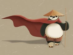 a cartoon penguin wearing a red cape and holding a bamboo umbrella over its head, standing in the snow