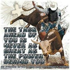 a man riding on the back of a bull in front of a quote about power