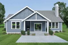 a blue house with white trim on the front and side windows is shown in an artist's rendering