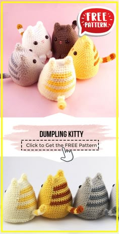 three crocheted cats sitting next to each other with the caption dumpling kitty