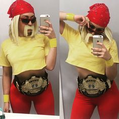 a woman in red pants and yellow shirt taking a selfie