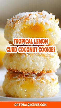 tropical lemon curd coconut cookies stacked on top of each other