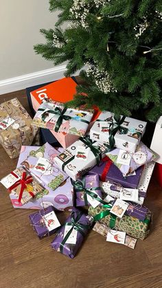 many wrapped presents under a christmas tree on the floor next to a small potted plant