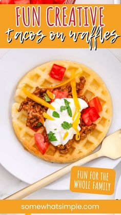 a white plate topped with waffles covered in toppings