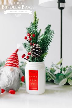 a small christmas tree in a jar next to a gnome figurine and pine cones