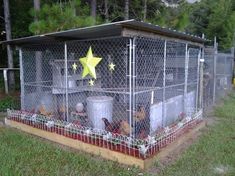 a chicken coop with chickens in it and a yellow star on the roof above them