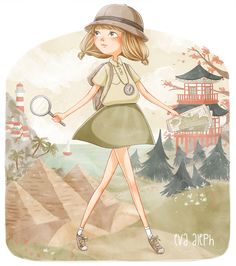 a drawing of a girl with a hat and holding a tennis racket in her hand