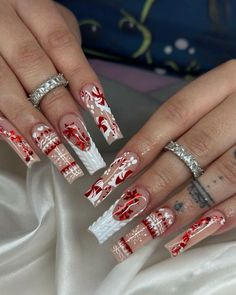 Christmas nails Red And White Nails Long, Stiletto Christmas Nails, Acrylic Toe Nails, Long Acrylic Nail Designs, Stylish Nails Designs, Nails Design With Rhinestones, Cute Acrylic Nail Designs, Nails Only