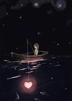 a man in a boat with a heart on the water