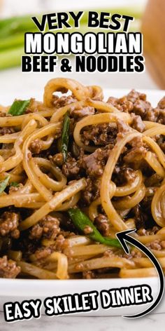 a plate of noodles with beef and noodles on it, next to the words better than takeout