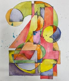 an abstract painting with different colors and shapes on it's surface, including the number four