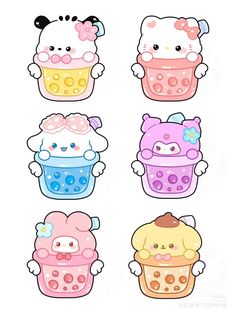 four different kinds of cupcakes with hello kitty faces on them, all in different colors