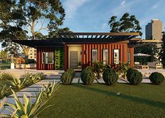 an artist's rendering of a tiny house made out of shipping containers and plants