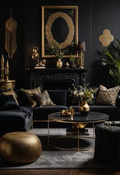 a living room with black walls and gold accents