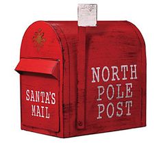 a red mailbox with santa's pole post written on the front and side