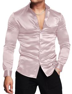 PRICES MAY VARY. PREMIUM FABRIC - 92% Polyester & 8% Spandex. This satin dress shirts for men is made of high-quality smooth silk-like satin fabric that is super soft, lightweight and breathable. The high quality smooth fabric gives you a soft and comfortable wearing experience. Stretchable fabric provides maximum comfort and flexibility when moving. WRINKLE-FREE SATIN DRESS SHIRT - This satin button up shirts for men features a smooth silk texture, slim fit cut, long sleeve, solid color and but Mens Grey Satin Shirt, Mens Pink Satin Shirt, Blush Groomsmen Shirt, Mens Evening Shirts, Rose Gold Shirt For Men, Silk Shirt For Men, Satin Shirt Men, Satin Colors, Long Sleeve Satin Dress