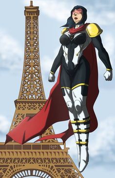 a woman standing in front of the eiffel tower with her cape draped over